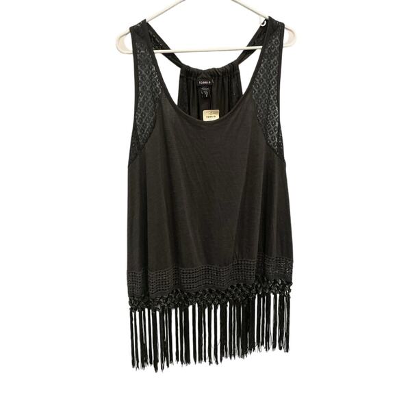 Torrid Crochet Inset Fringe Tank Top Size 0 Large Medium Boho Black Festival NEW - Picture 3 of 11